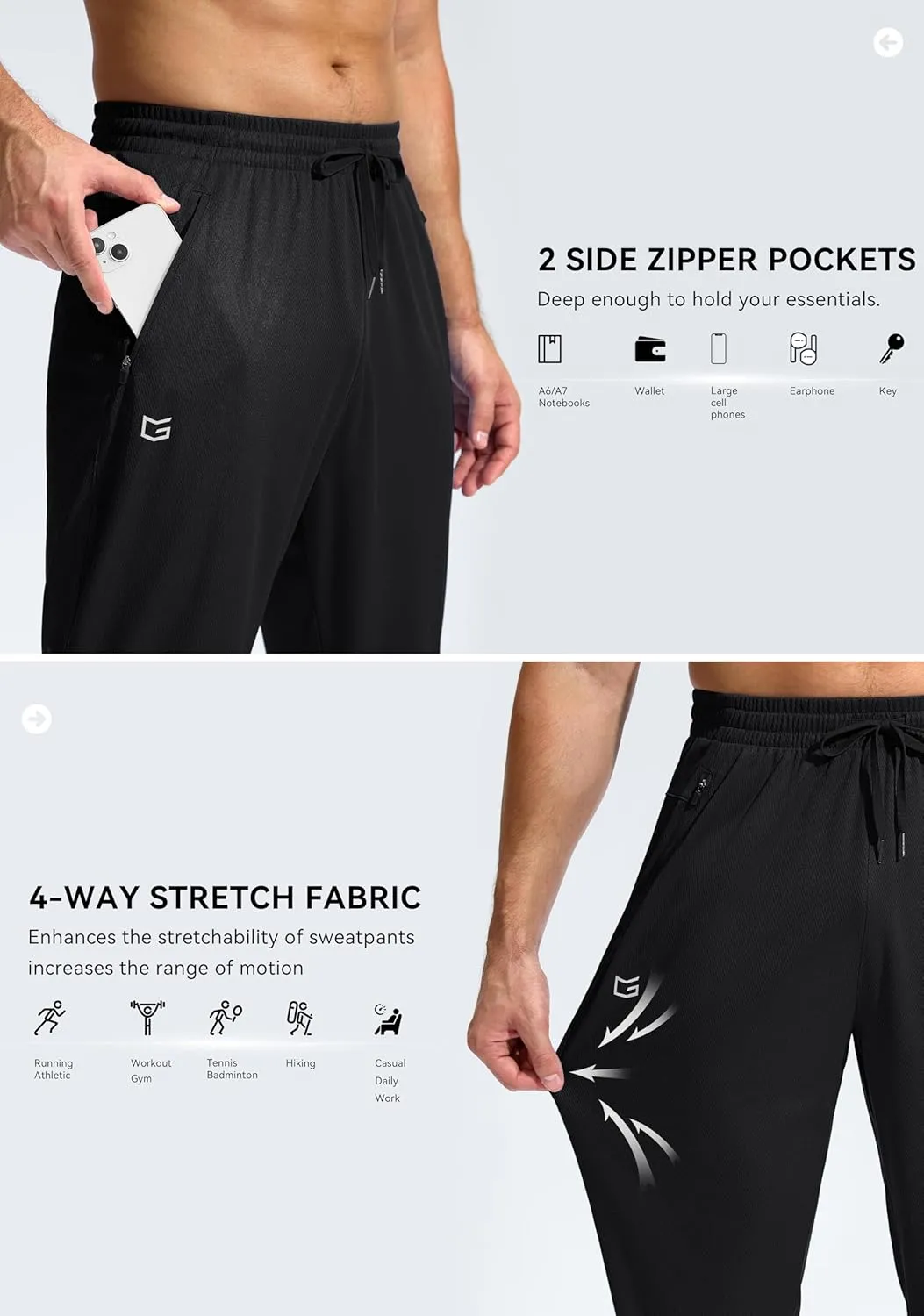 G Gradual Men's Sweatpants with Zipper Pockets Lightweight Mesh Athletic Pants for Men Open Bottom Workout Gym Running