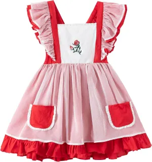 Girl Dress, Rose Embroidered Smocked Dress, Ruffle Sleeve Girl Frocks, Chiffon Kids Boutique Clothing
