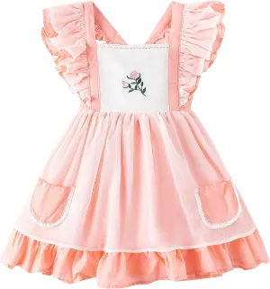 Girl Dress, Rose Embroidered Smocked Dress, Ruffle Sleeve Girl Frocks, Chiffon Kids Boutique Clothing