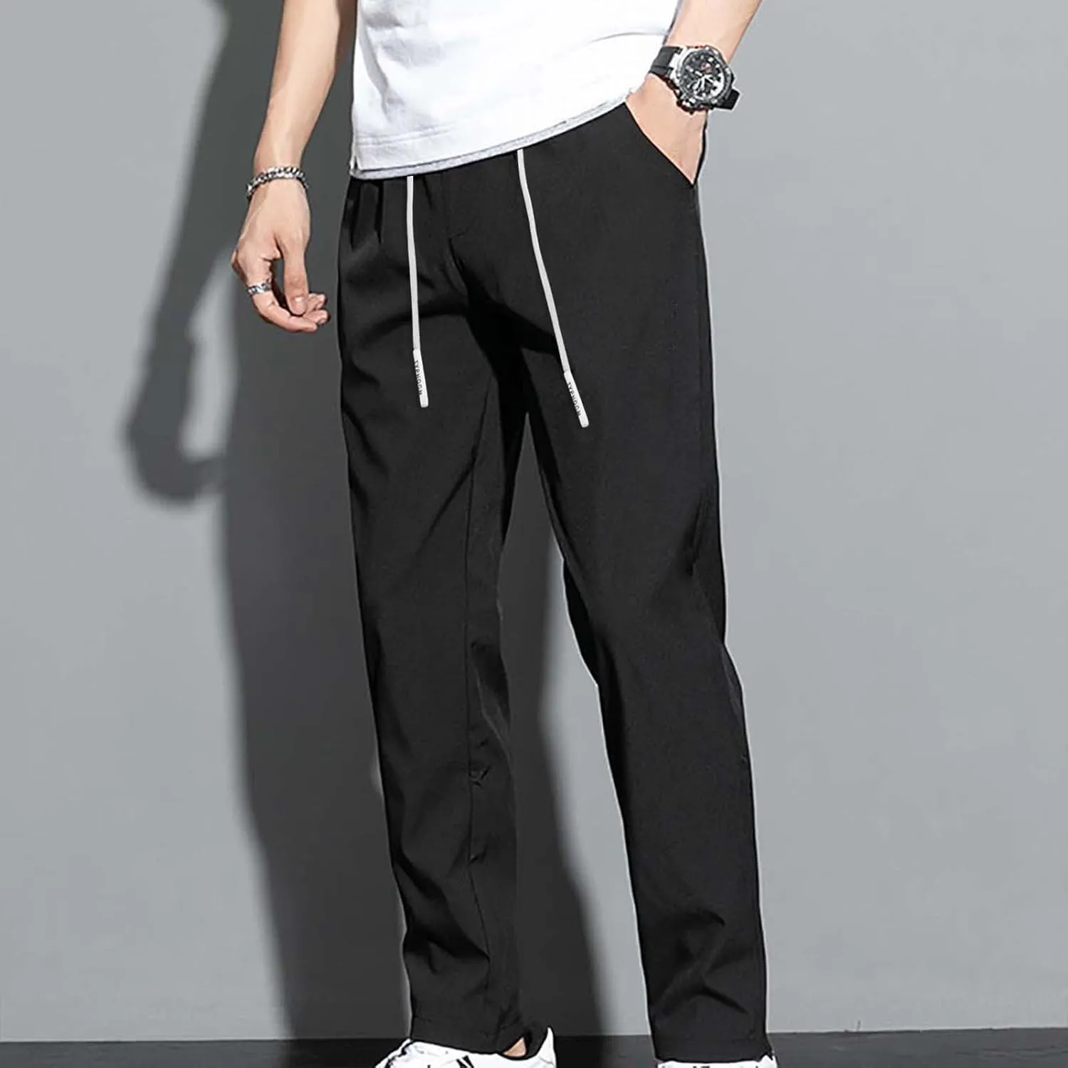 Glide Pants Men Thin Ice Silk Quick Dry Elastic Drawstring Sweatpants Breathable Slim Casual Fashion Joggers Trousers