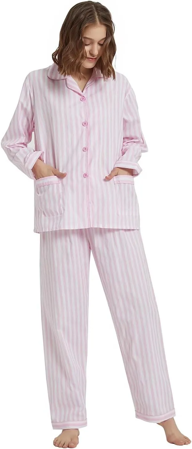 GLOBAL Women Cotton Pajamas Long Sleeve PJs Button Down Sleepwear S-3XL