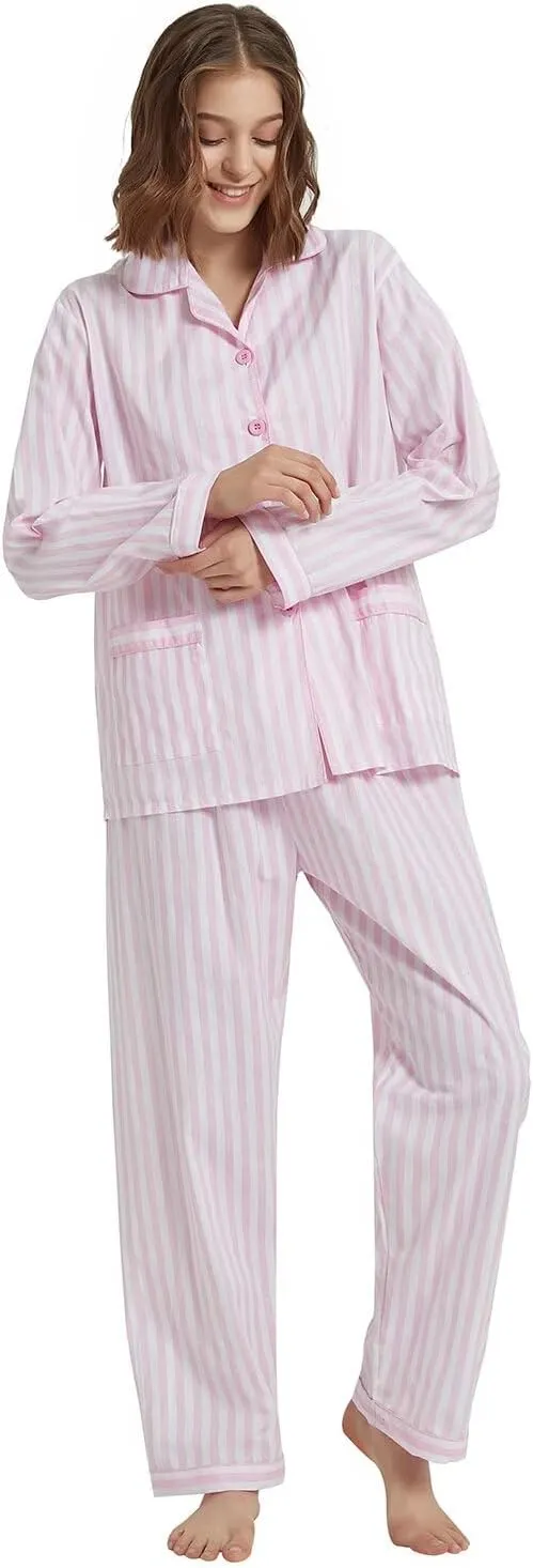 GLOBAL Women Cotton Pajamas Long Sleeve PJs Button Down Sleepwear S-3XL