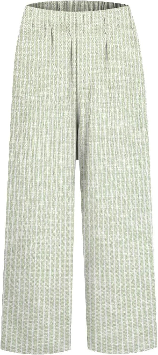 GOKKILRW Women Wide Leg Linen Pants High Waisted Striped Summer Casual Boho Palazzo Trousers with Pockets Beach Loungewear