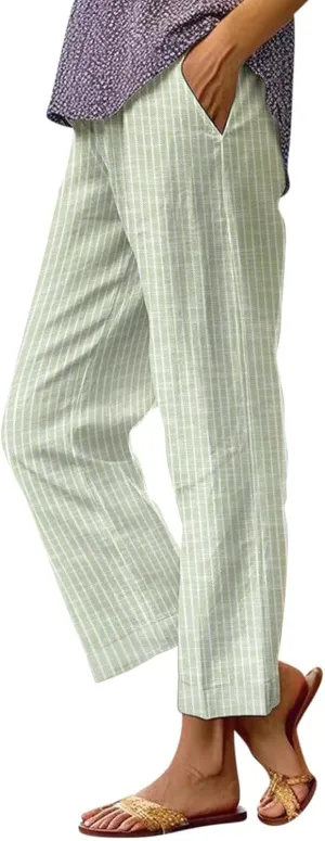 GOKKILRW Women Wide Leg Linen Pants High Waisted Striped Summer Casual Boho Palazzo Trousers with Pockets Beach Loungewear