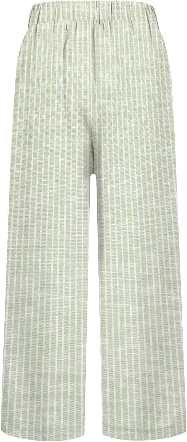GOKKILRW Women Wide Leg Linen Pants High Waisted Striped Summer Casual Boho Palazzo Trousers with Pockets Beach Loungewear
