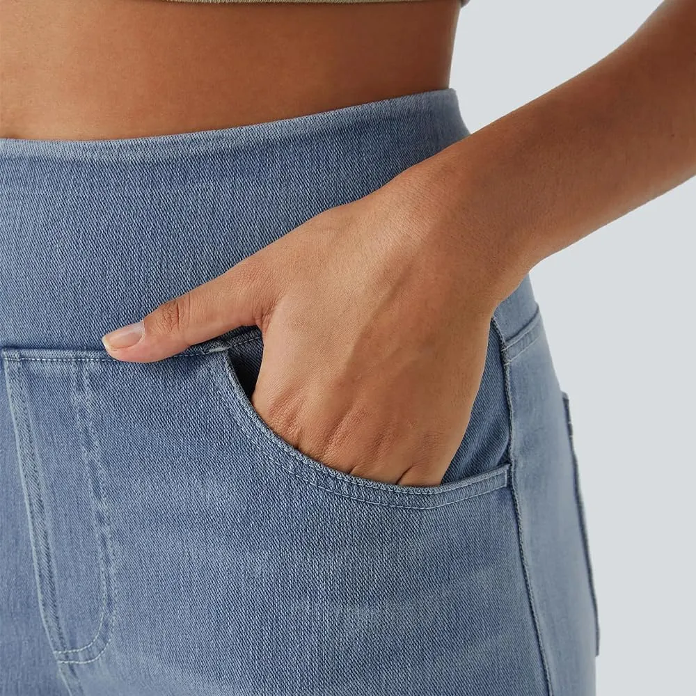 Grevela Pull Up Jeans, Grevela Stretch Jeans, High Waisted Multiple Pockets Wide Leg Washed Stretchy Knit Casual Jean