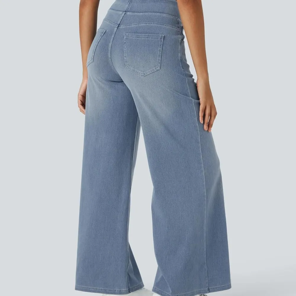 Grevela Pull Up Jeans, Grevela Stretch Jeans, High Waisted Multiple Pockets Wide Leg Washed Stretchy Knit Casual Jean