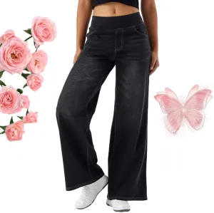 Grevela Pull Up Jeans, Grevela Stretch Jeans, High Waisted Multiple Pockets Wide Leg Washed Stretchy Knit Casual Jean