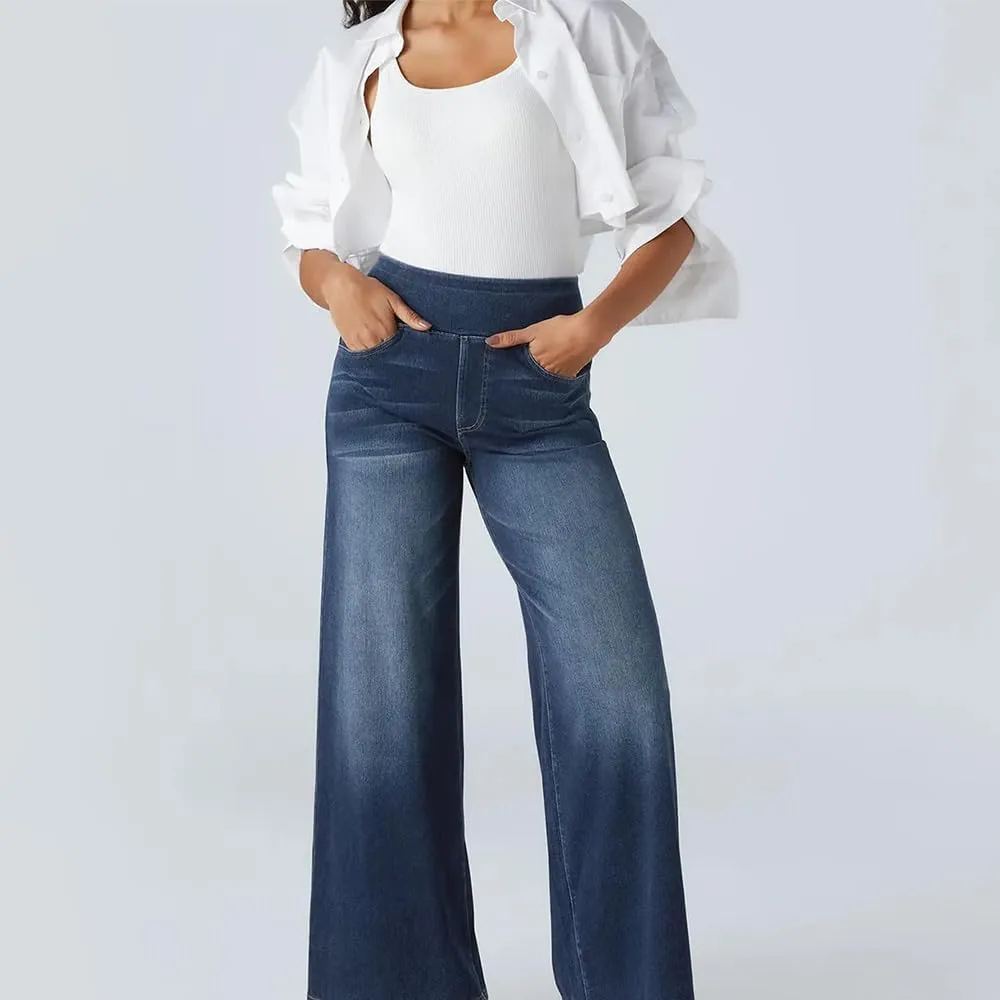 Grevela Pull Up Jeans, Grevela Stretch Jeans, High Waisted Multiple Pockets Wide Leg Washed Stretchy Knit Casual Jean
