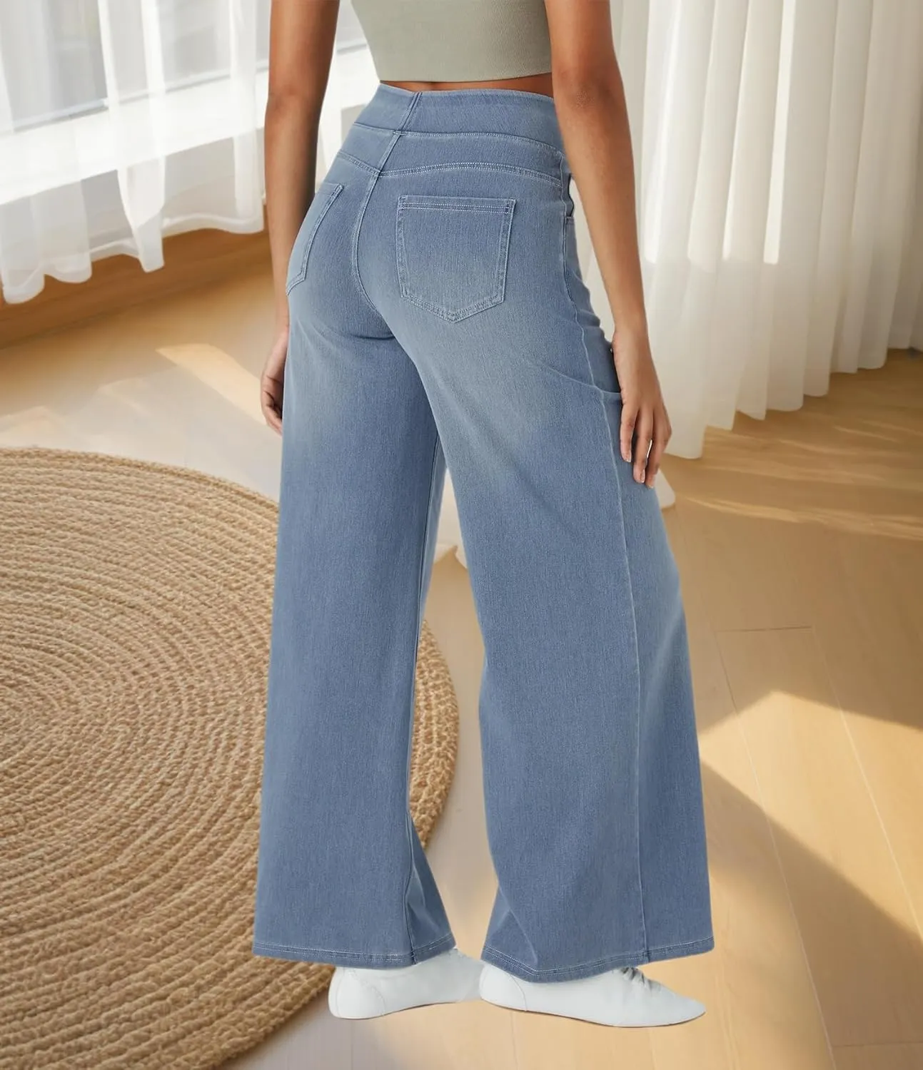 Grevela Pull up Jeans, Grevela Stretch Jeans High Waisted Multiple Pockets Wide Leg Washed Stretchy Knit Casual Pull on Jean