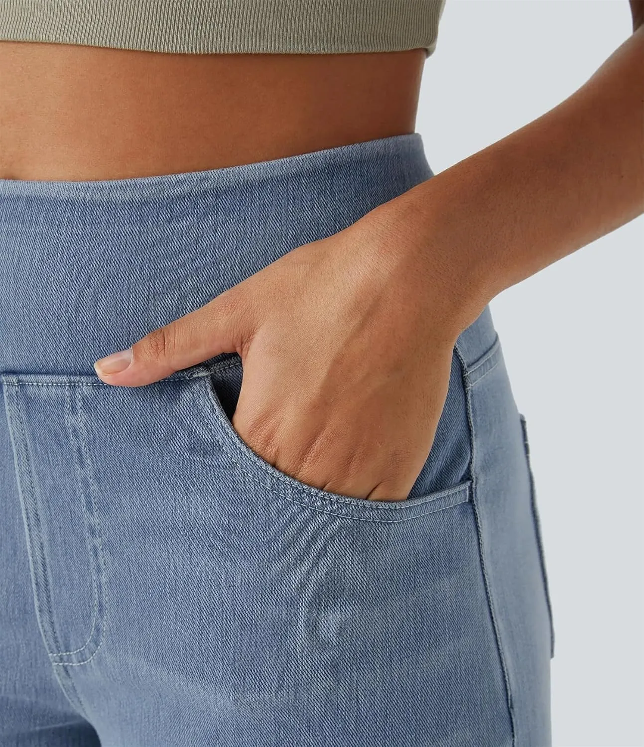 Grevela Pull up Jeans, Grevela Stretch Jeans High Waisted Multiple Pockets Wide Leg Washed Stretchy Knit Casual Pull on Jean