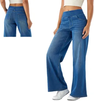 Grevela Pull up Jeans, Grevela Stretch Jeans High Waisted Multiple Pockets Wide Leg Washed Stretchy Knit Casual Pull on Jean