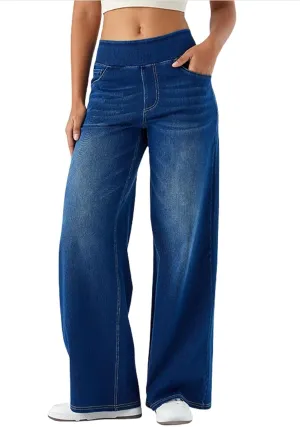 Grevela Pull up Jeans, High Waisted Multiple Pockets Wide Leg Washed Stretchy Knit Casual Jeans