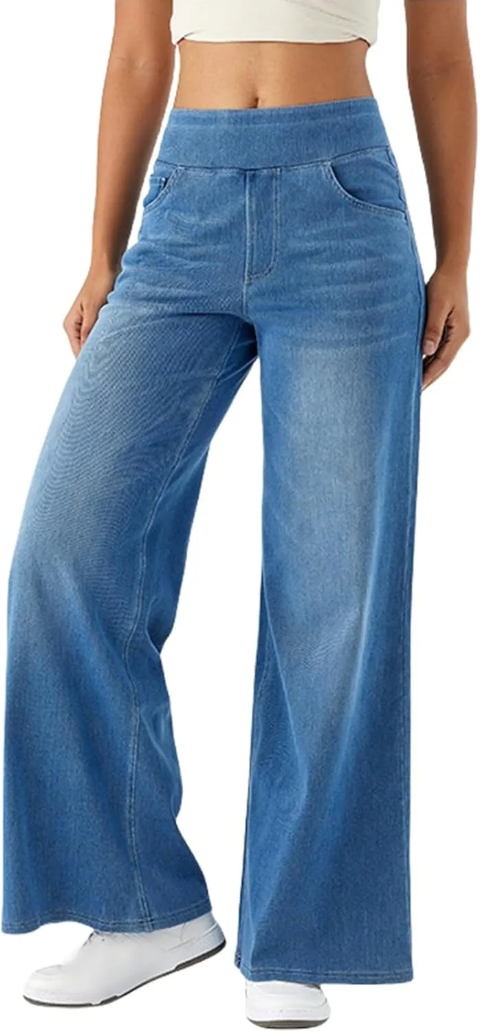 Grevela Pull up Jeans, High Waisted Multiple Pockets Wide Leg Washed Stretchy Knit Casual Jeans
