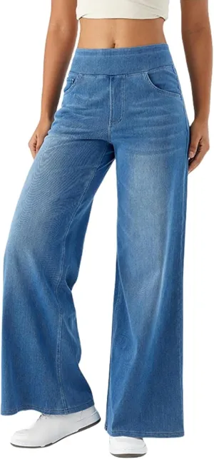 Grevela Pull up Jeans, High Waisted Multiple Pockets Wide Leg Washed Stretchy Knit Casual Jeans