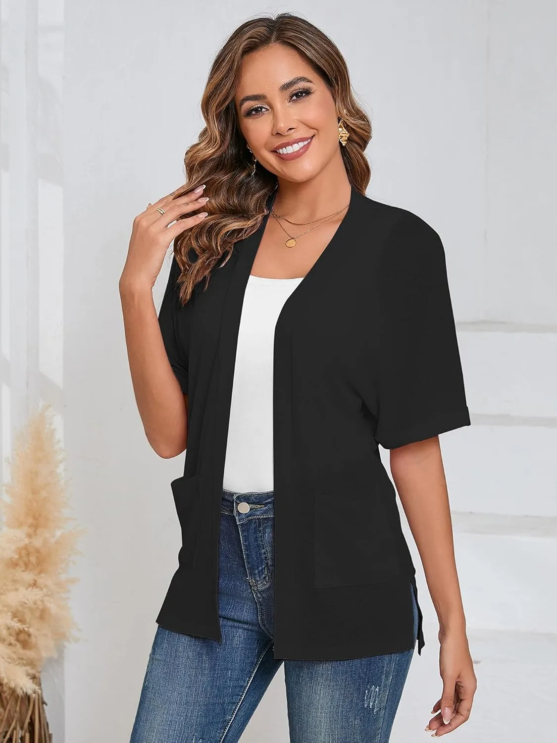 Heymoments Women's Lightweight Open Front Cardigans Short Sleeve Casual Soft Knit Cardigan Sweaters with Pocket S-2XL