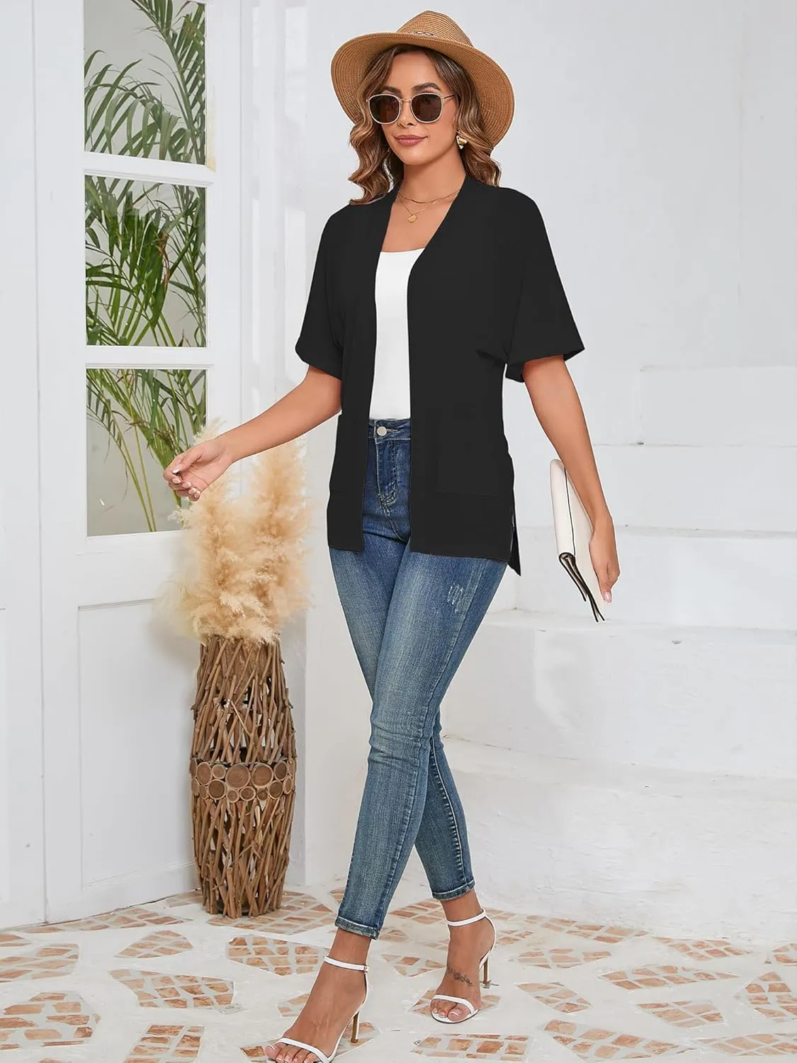 Heymoments Women's Lightweight Open Front Cardigans Short Sleeve Casual Soft Knit Cardigan Sweaters with Pocket S-2XL