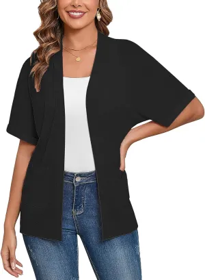 Heymoments Women's Lightweight Open Front Cardigans Short Sleeve Casual Soft Knit Cardigan Sweaters with Pocket S-2XL