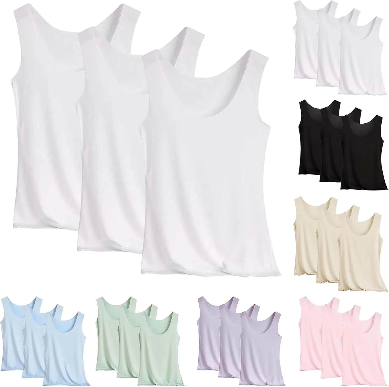 HGps8w 3-Pack Women's Sleeveless Ice Silk Tank Top Summer Basic Seamless Round Neck Undershirt Casual Camisole Tanks
