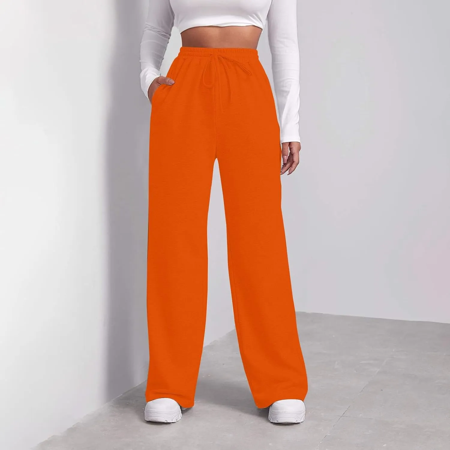 high Waisted Pants for Women Elastic Waist Straight Leg Sweatpants Pockets Solid Drawstring Comfy Loungewear Clothing