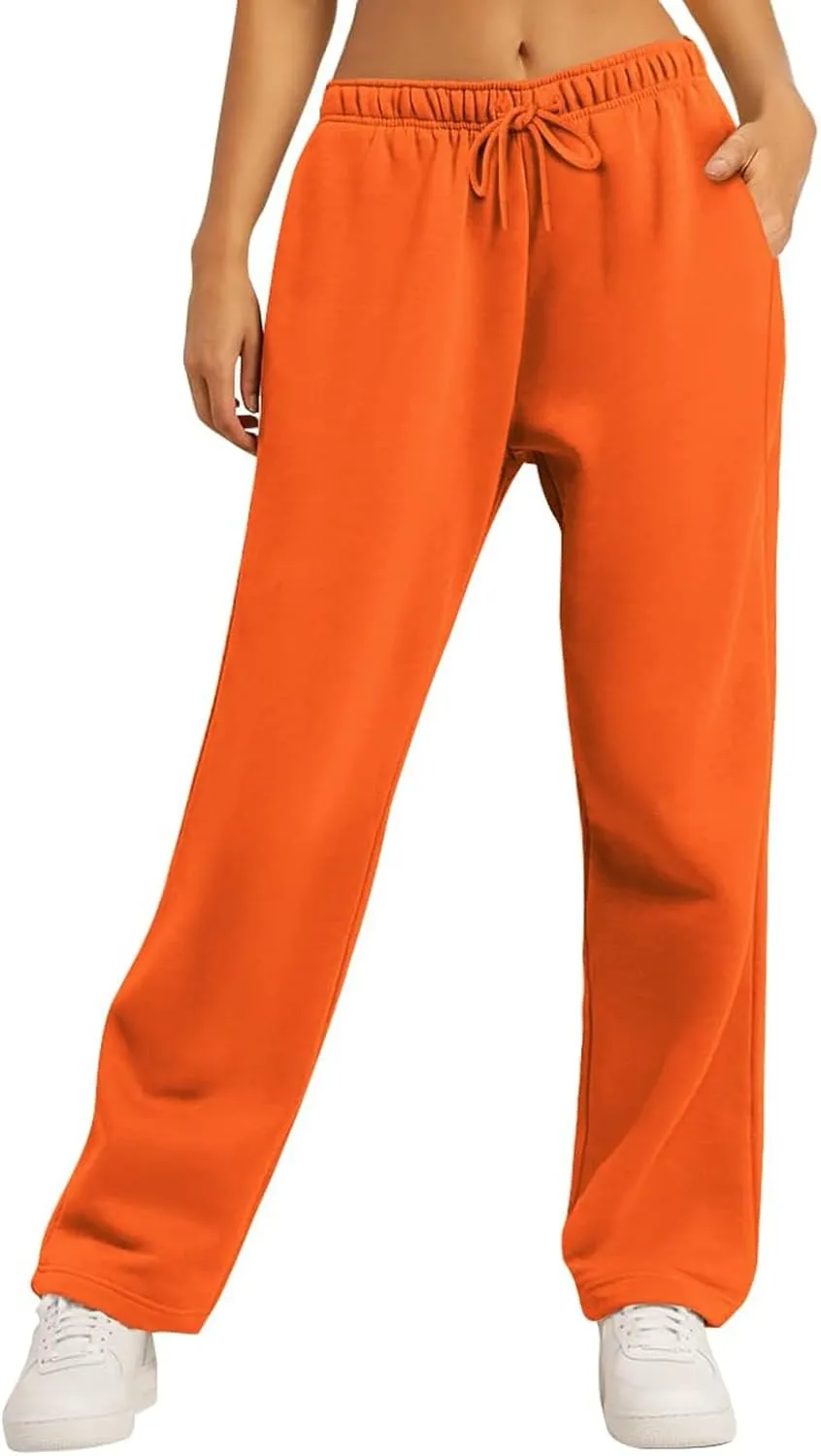high Waisted Pants for Women Elastic Waist Straight Leg Sweatpants Pockets Solid Drawstring Comfy Loungewear Clothing