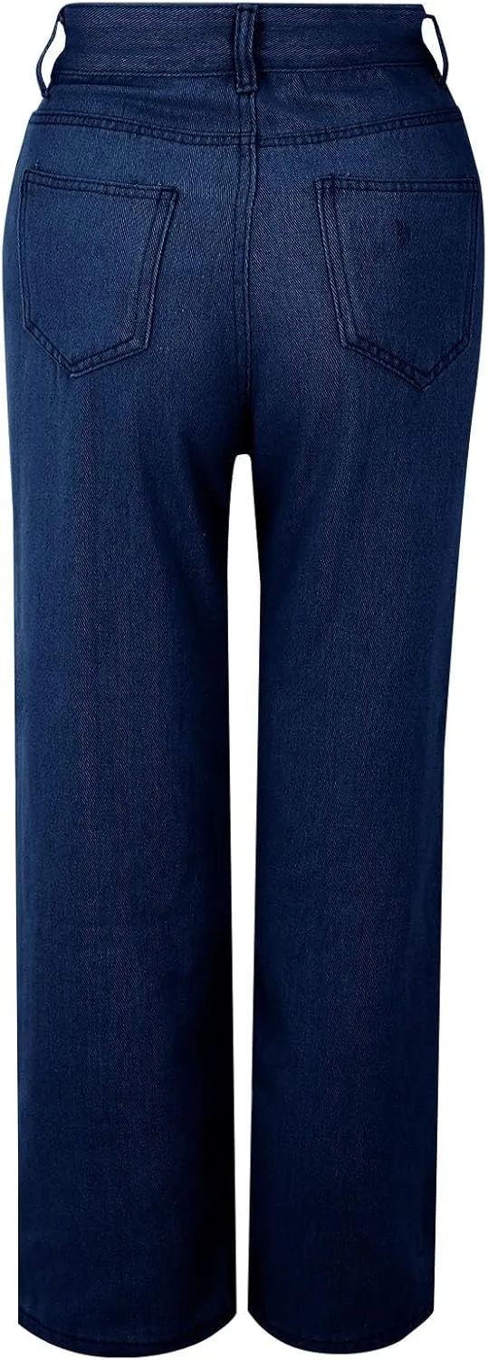 Hight Waisted Jeans for Women Trendy Casual Wide Leg Denim Sweatpants Plus Size Straight Leg Loose Fit Comfy Pants