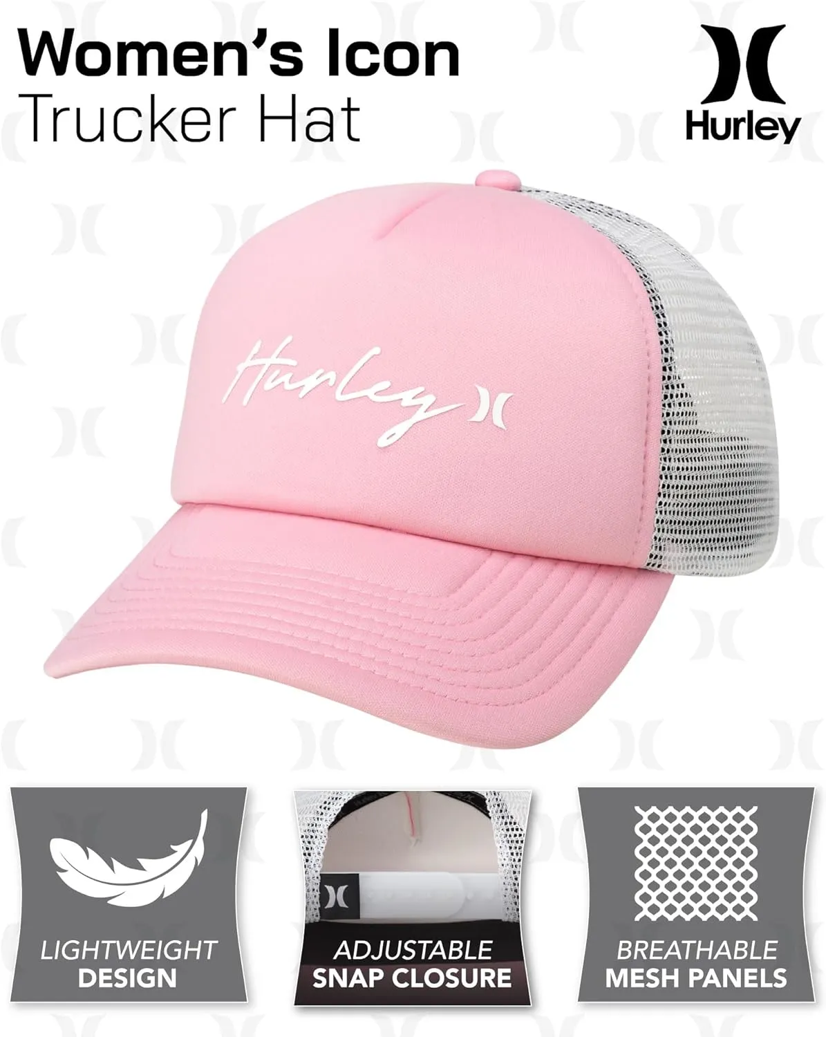 Hurley Womens Trucker Hat - Curved Brim Lightweight Mesh Adjustable Snapback Summer Baseball Cap for Women
