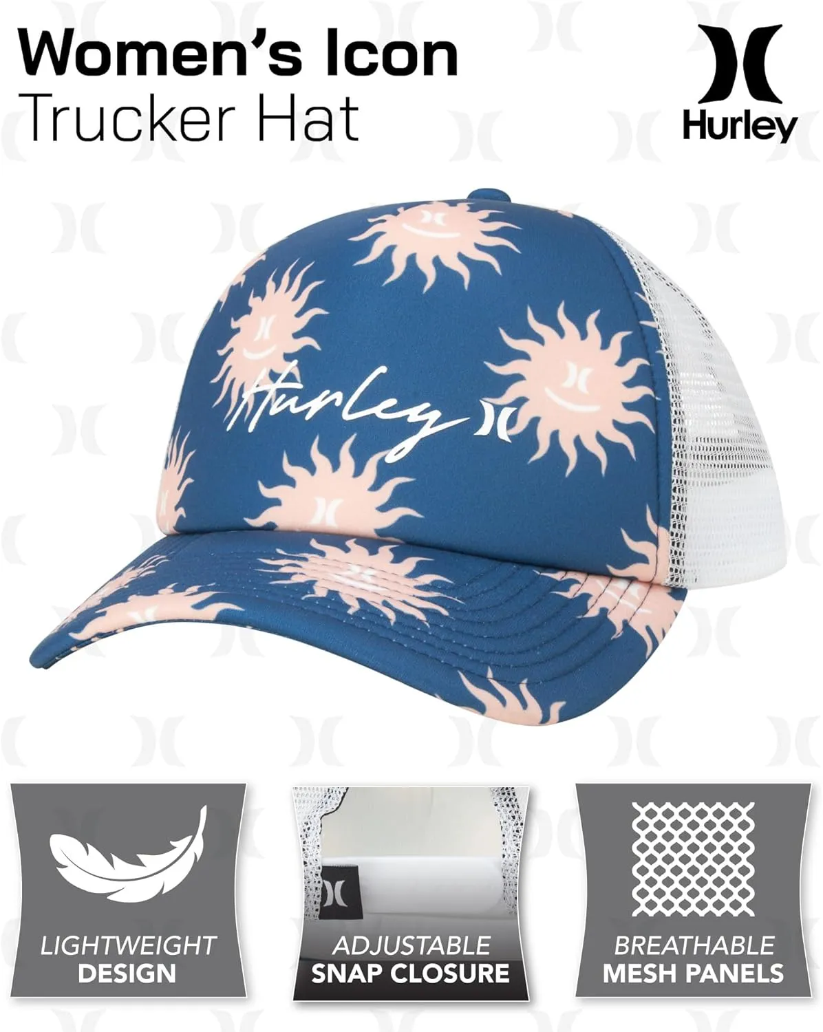 Hurley Womens Trucker Hat - Curved Brim Lightweight Mesh Adjustable Snapback Summer Baseball Cap for Women