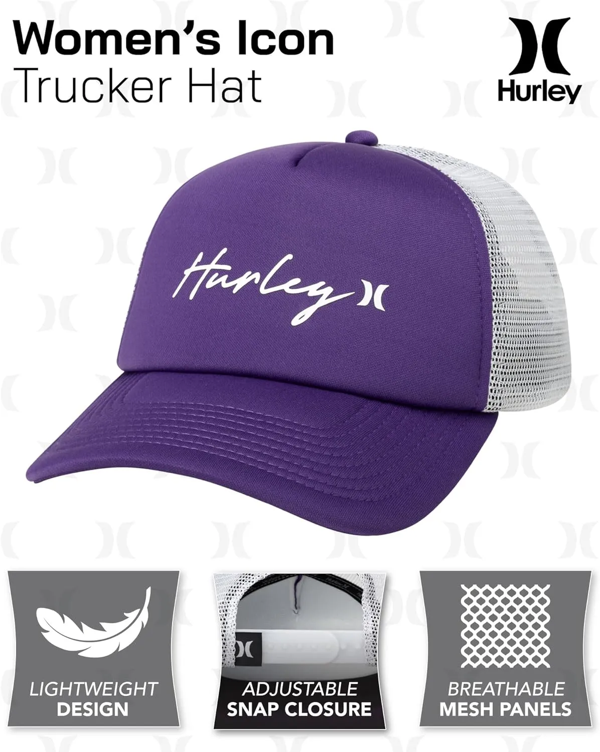 Hurley Womens Trucker Hat - Curved Brim Lightweight Mesh Adjustable Snapback Summer Baseball Cap for Women