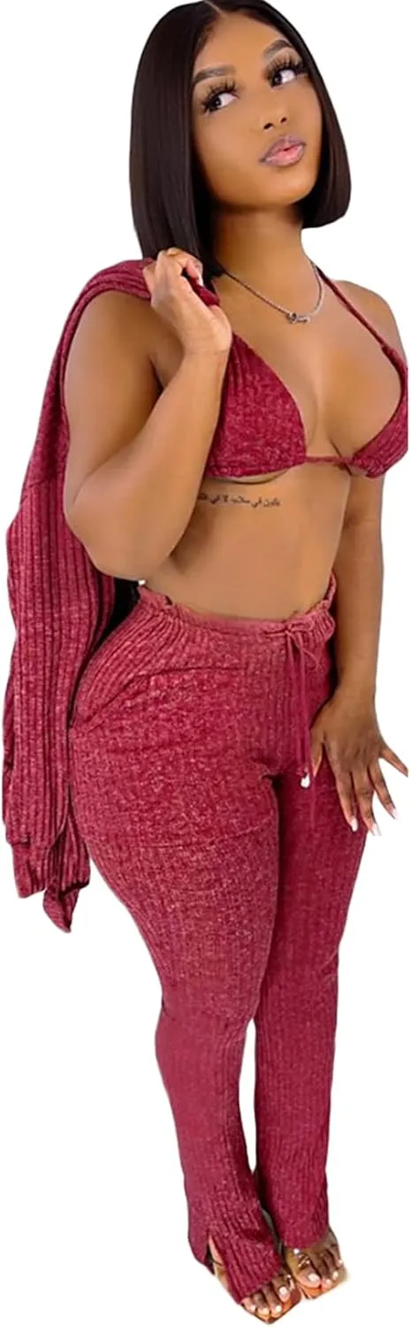 imbpceu Women's Sexy 3 Piece Outfits Button Front Cardigan Triangle Bra Drawstring Split Hem Pants Sets With Pocket