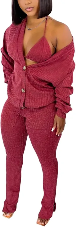 imbpceu Women's Sexy 3 Piece Outfits Button Front Cardigan Triangle Bra Drawstring Split Hem Pants Sets With Pocket
