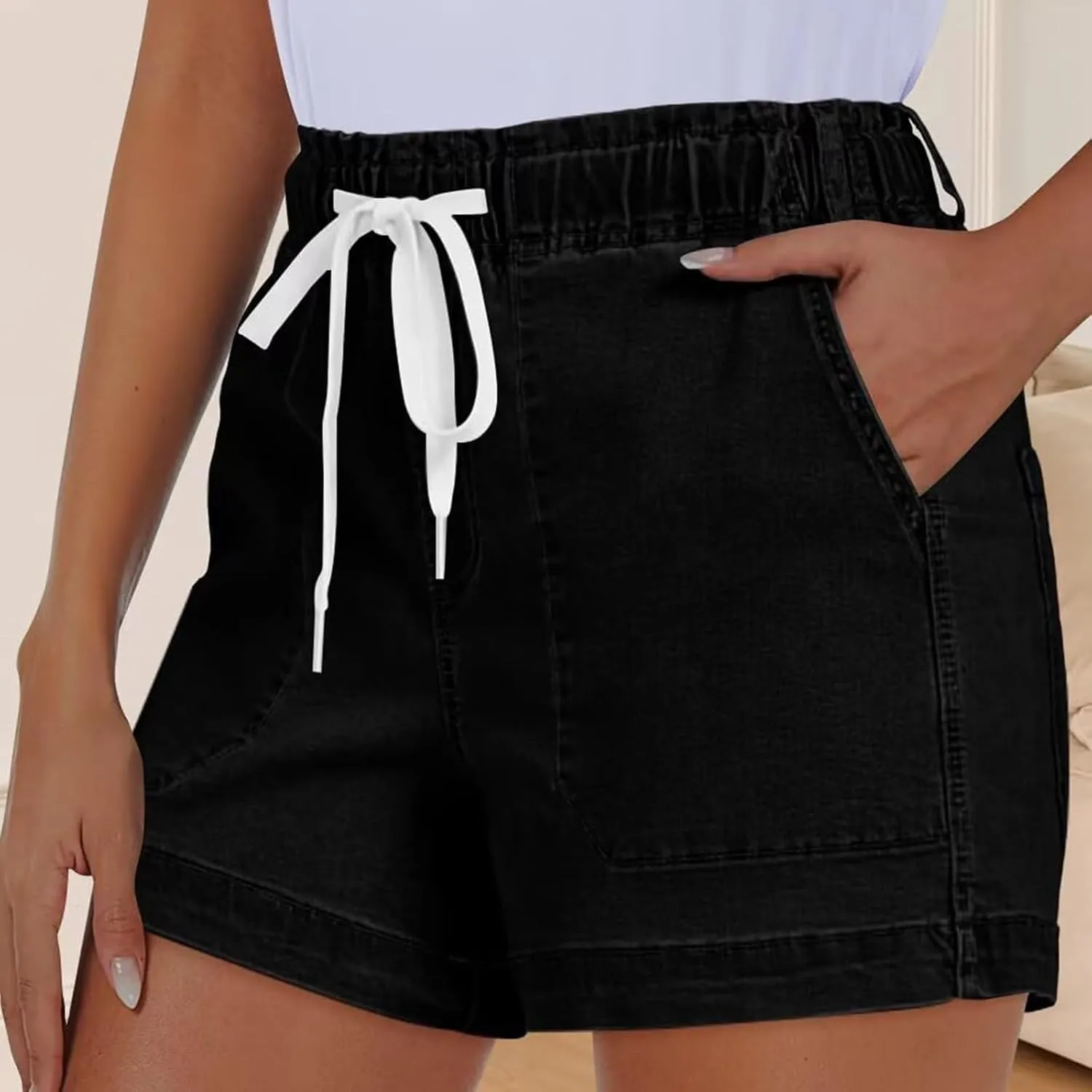 Jean Shorts Womens Casual Summer Wide Leg Denim Shorts Baggy Comfy Elastic Waist Jorts Stretch Twill Pull On Jorts