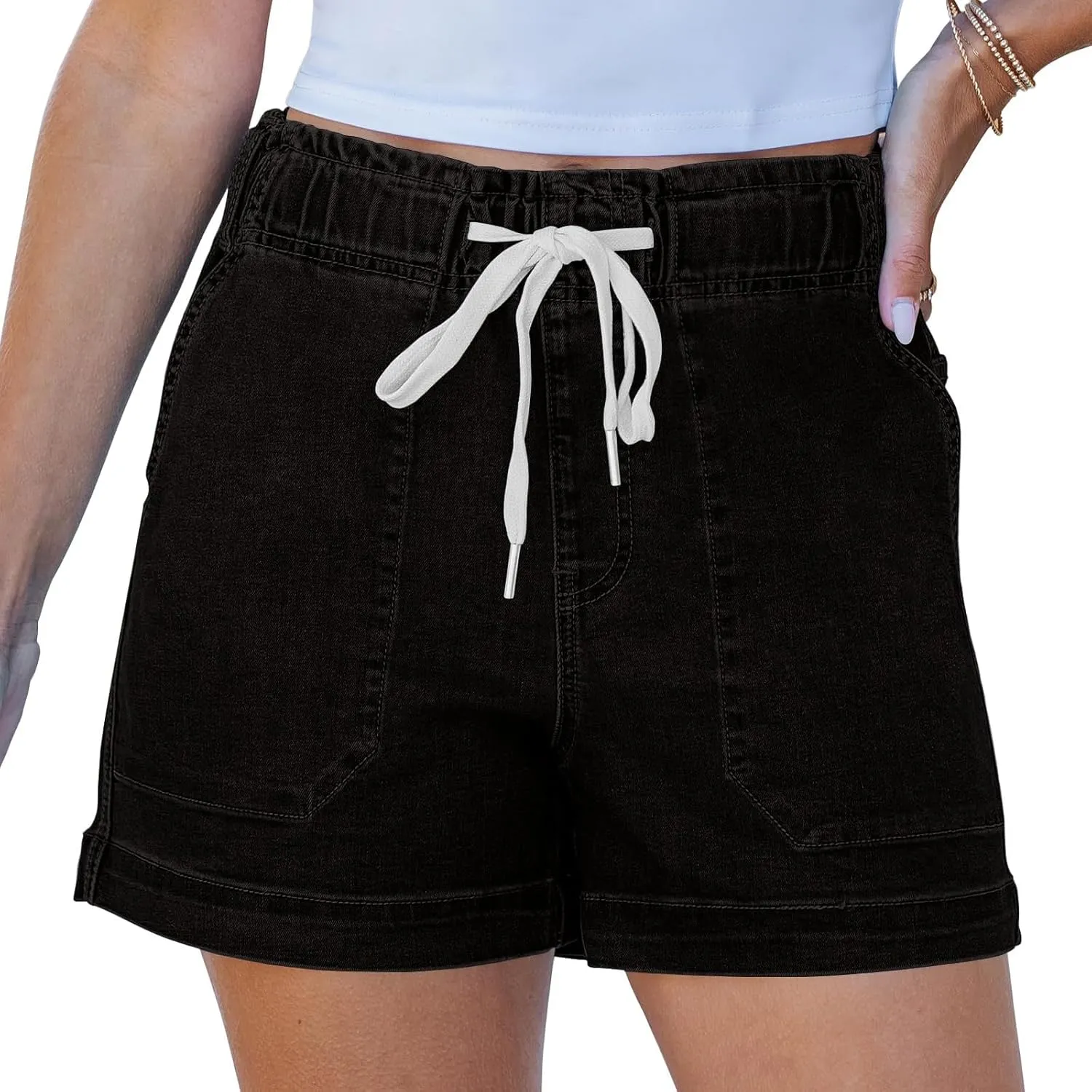 Jean Shorts Womens Casual Summer Wide Leg Denim Shorts Baggy Comfy Elastic Waist Jorts Stretch Twill Pull On Jorts