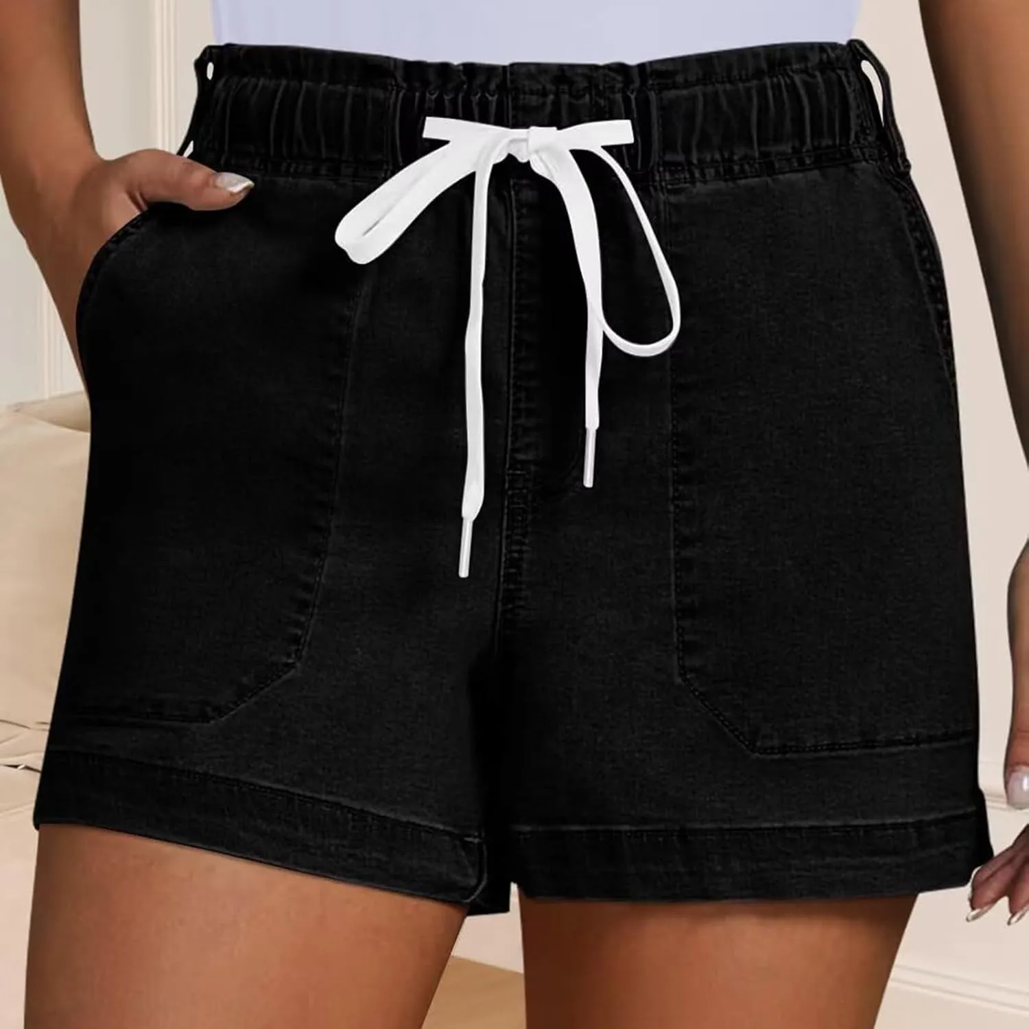 Jean Shorts Womens Casual Summer Wide Leg Denim Shorts Baggy Comfy Elastic Waist Jorts Stretch Twill Pull On Jorts
