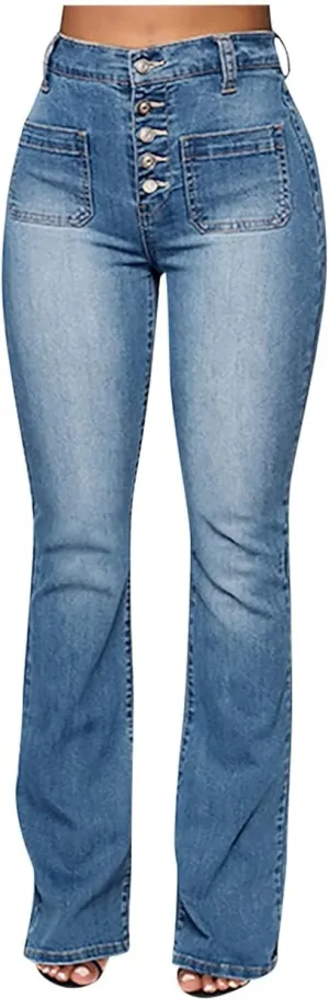 Jeans for Women Trendy Sexy Skinny Jeans High-Rise Stretch Button Comfy Lightweight Flare Denim Pants with Pocket
