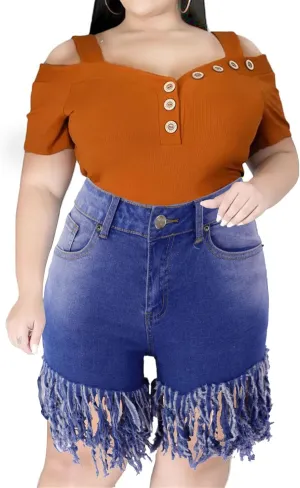 JEKE-DG Women's Plus Size Fringe Raw Hem Denim Shorts High Waisted Tassels Stretchy Hem Short Jeans Clubwear Jeans Short
