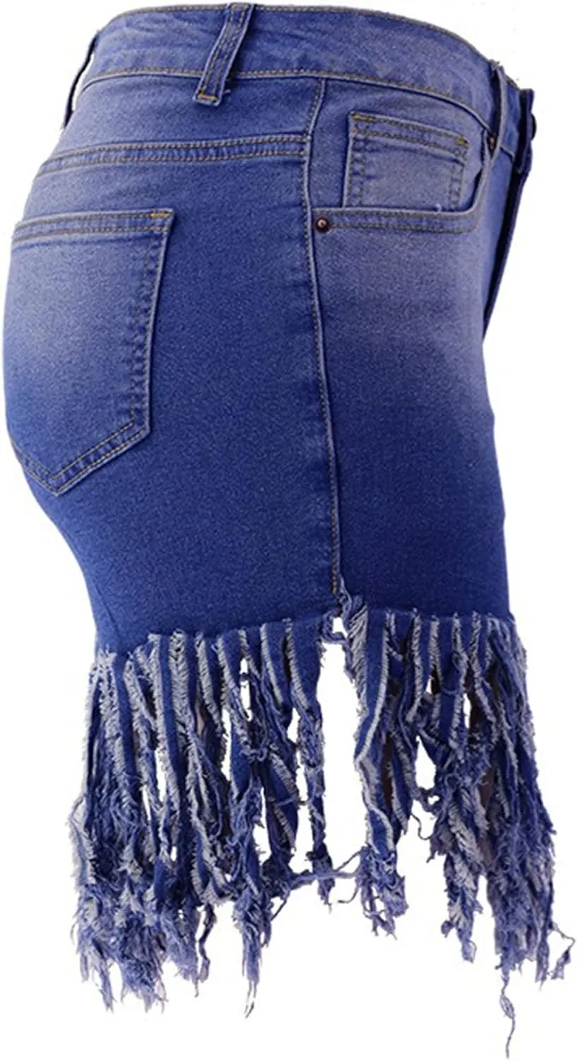 JEKE-DG Women's Plus Size Fringe Raw Hem Denim Shorts High Waisted Tassels Stretchy Hem Short Jeans Clubwear Jeans Short