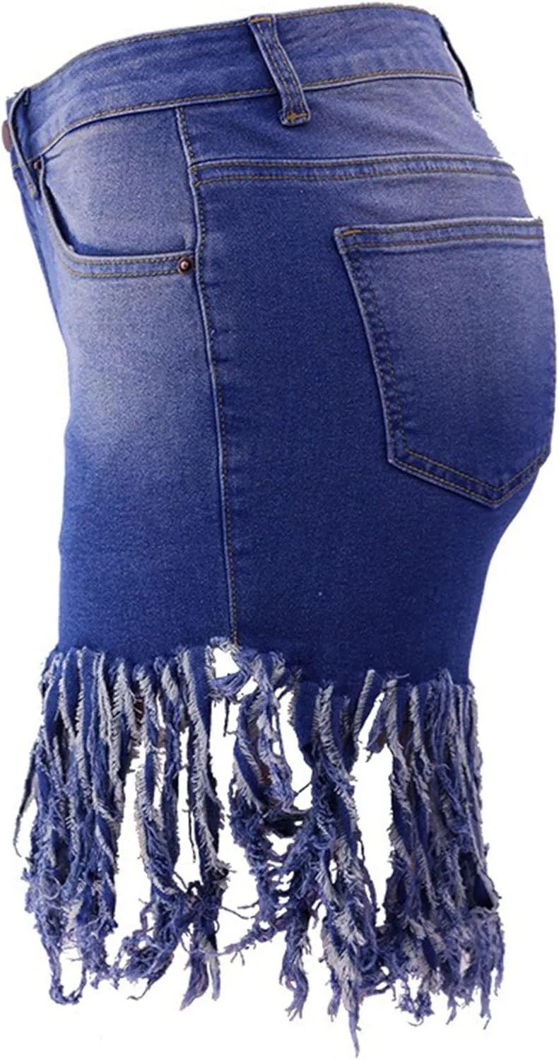 JEKE-DG Women's Plus Size Fringe Raw Hem Denim Shorts High Waisted Tassels Stretchy Hem Short Jeans Clubwear Jeans Short