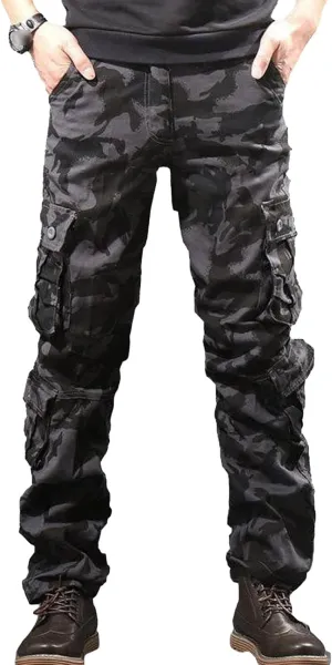 JEsilunmaMY Men's Outdoor Camo Cargo Pants Multi-Pocket Sweatpants Army Jogger Pants Combat Camouflage Straight Leg Trousers (Black,36)