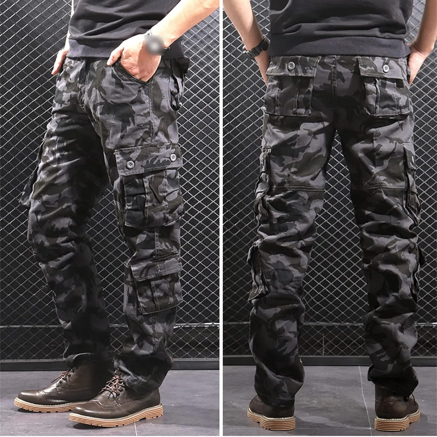 JEsilunmaMY Men's Outdoor Camo Cargo Pants Multi-Pocket Sweatpants Army Jogger Pants Combat Camouflage Straight Leg Trousers (Black,36)