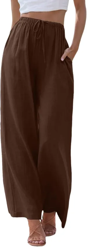 JiXiang Linen Pants Women Straight Leg Solid Drawstring Elastic Yoga Trousers Comfy Long Lounge Beach Trousers with Pockets