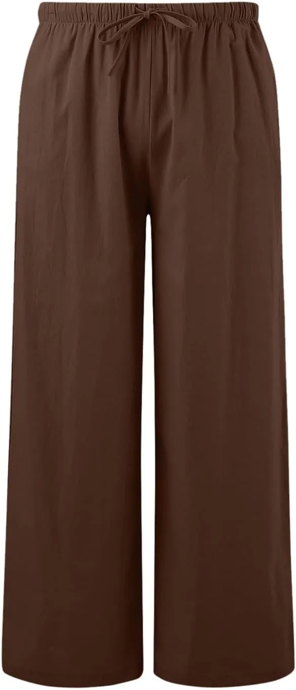 JiXiang Linen Pants Women Straight Leg Solid Drawstring Elastic Yoga Trousers Comfy Long Lounge Beach Trousers with Pockets