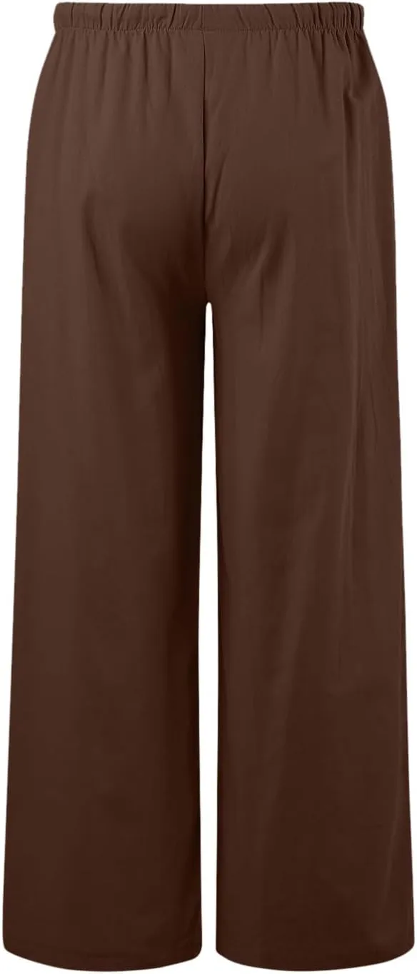 JiXiang Linen Pants Women Straight Leg Solid Drawstring Elastic Yoga Trousers Comfy Long Lounge Beach Trousers with Pockets