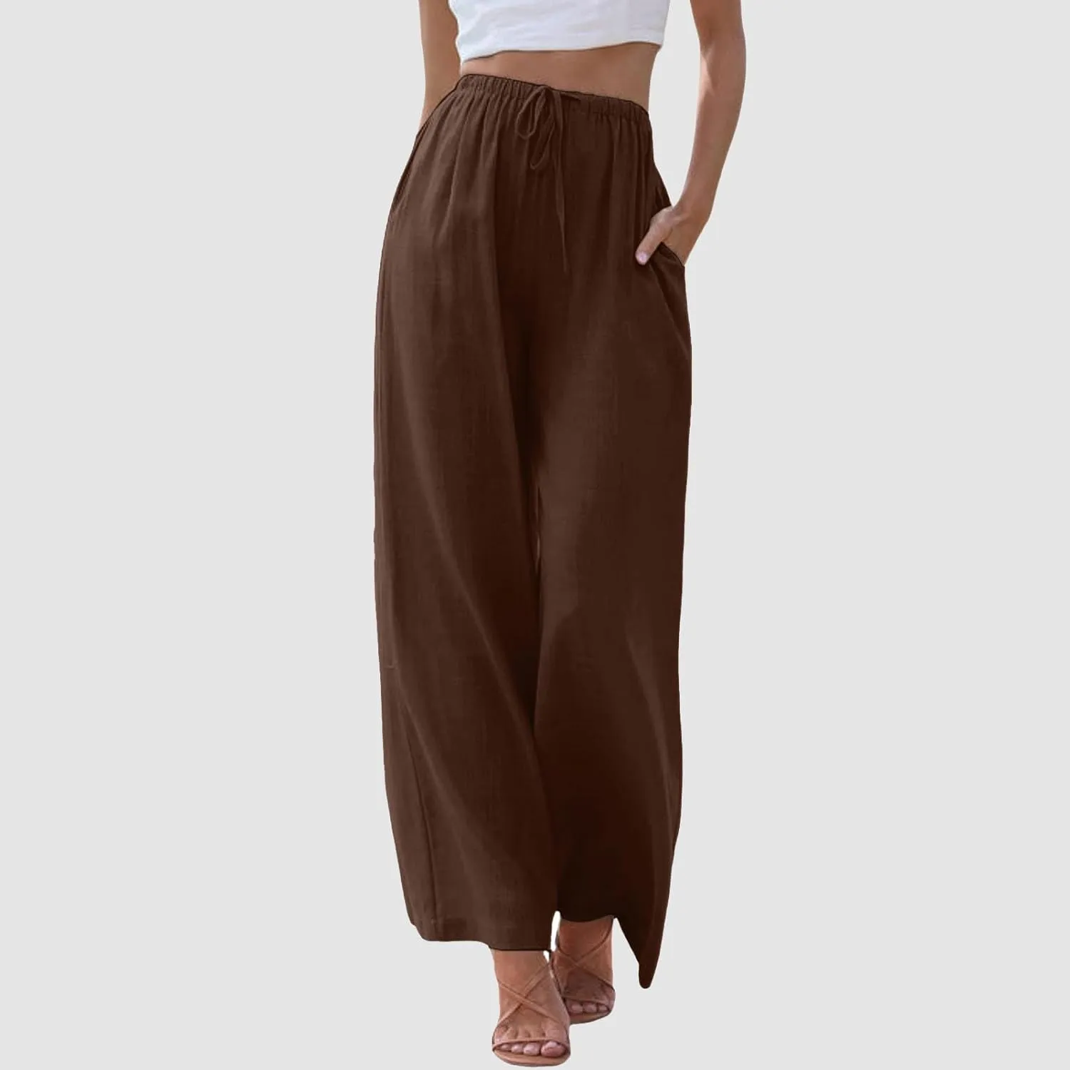 JiXiang Linen Pants Women Straight Leg Solid Drawstring Elastic Yoga Trousers Comfy Long Lounge Beach Trousers with Pockets
