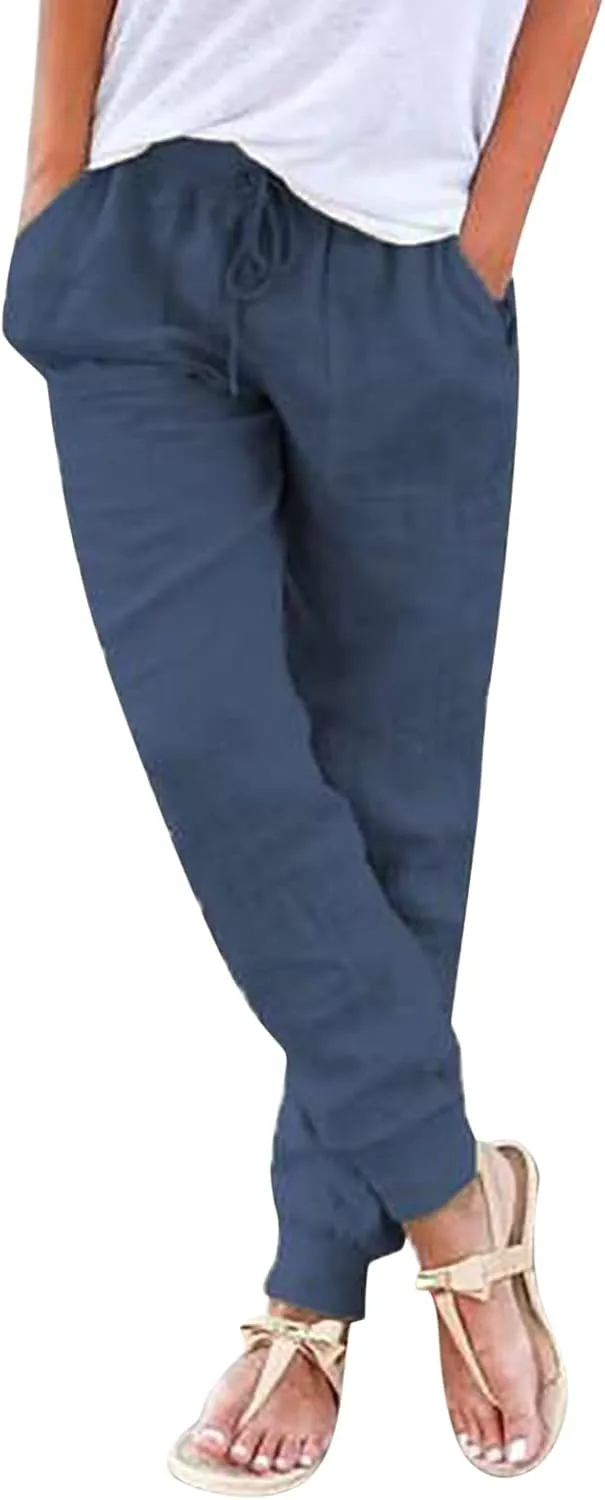 JiXiang Trousers for Women Summer Casual Drawstring Back Elastic Waist Linen Loose Fit Joggy Yoga Tapered Pants with Pockets