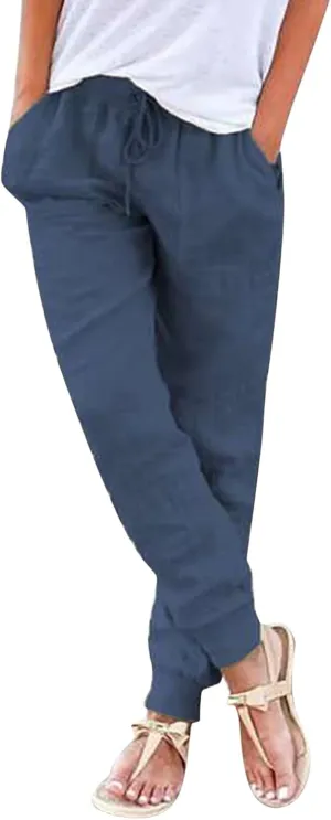 JiXiang Trousers for Women Summer Casual Drawstring Back Elastic Waist Linen Loose Fit Joggy Yoga Tapered Pants with Pockets