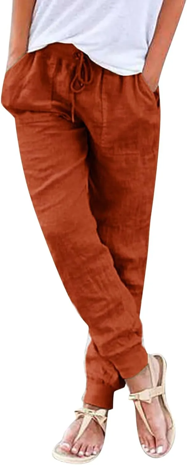 JiXiang Trousers for Women Summer Casual Drawstring Back Elastic Waist Linen Loose Fit Joggy Yoga Tapered Pants with Pockets