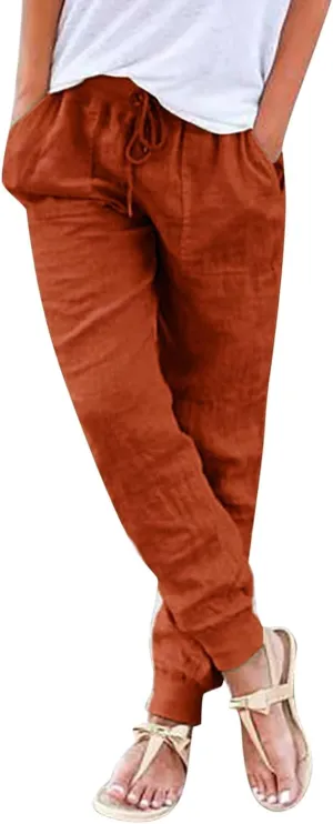 JiXiang Trousers for Women Summer Casual Drawstring Back Elastic Waist Linen Loose Fit Joggy Yoga Tapered Pants with Pockets