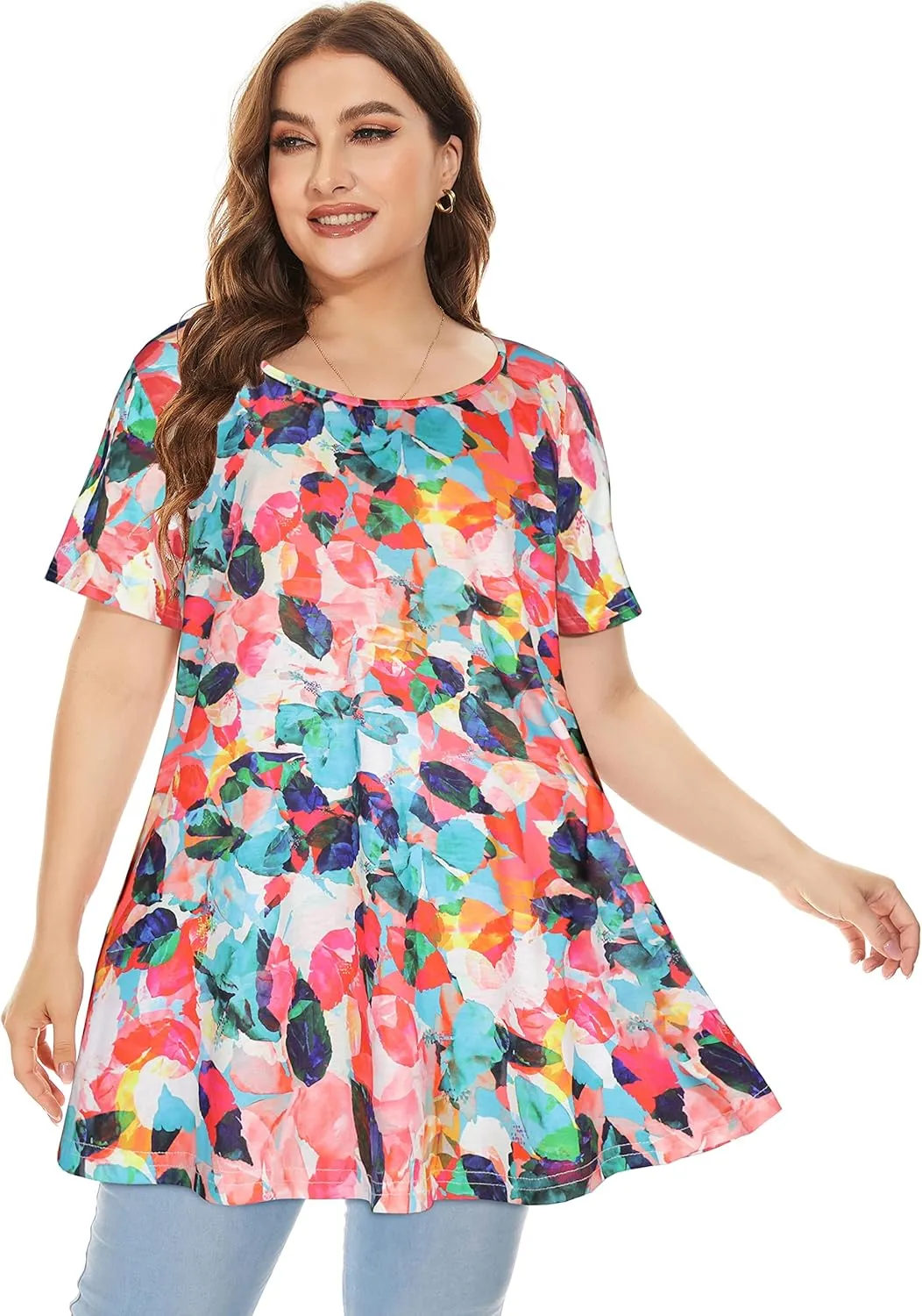 JOELLYUS Plus Size Tops for Women Tunic Floral Casual Short Sleeves T Shirts Flowy Blouses