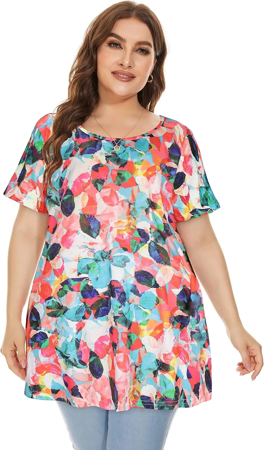 JOELLYUS Plus Size Tops for Women Tunic Floral Casual Short Sleeves T Shirts Flowy Blouses